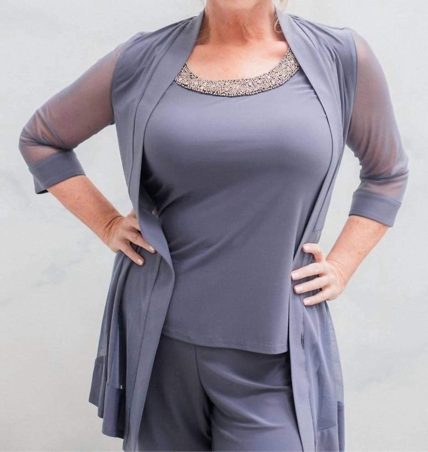 R&M Richards - Pants Suit Sleeveless Top With Soft-cut Draped Lapel Mesh Jacket - Plus