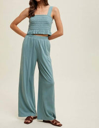 WISHLIST Crinkle Knit Top And Pants Set in dark sage - women's sleepwear - detail view