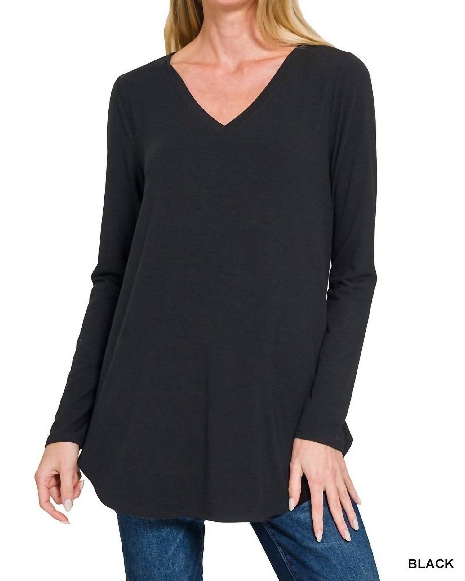 ZENANA Long Sleeve V-neck Round Hem Top in black - women's shirt