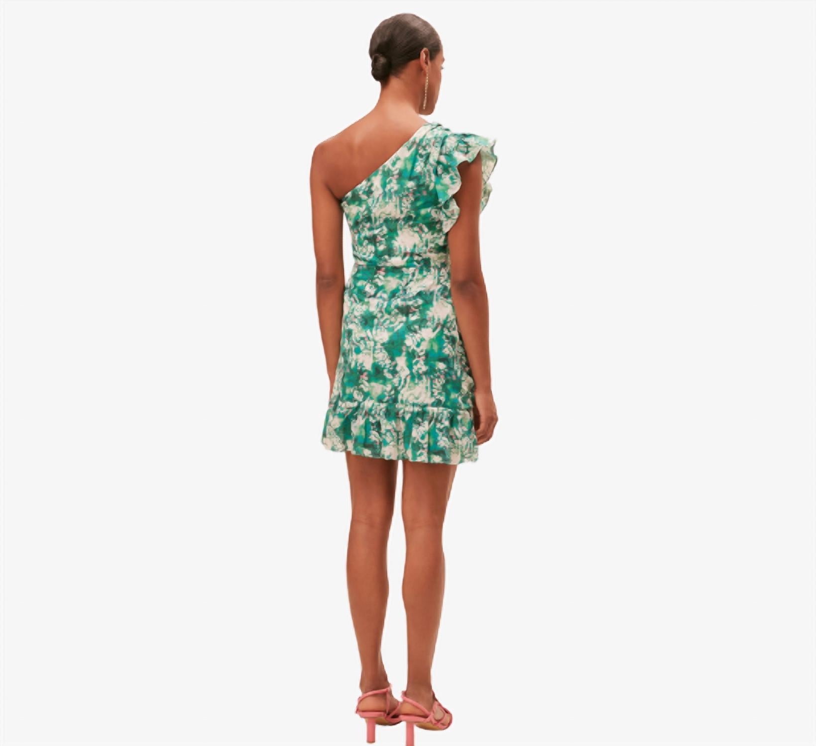 Suncoo One Shoulder Floral Dress in green 1 - women's dress - detail view