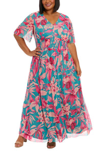 London Times - Botanical Smocked Waist A-line Maxi Dress - Plus