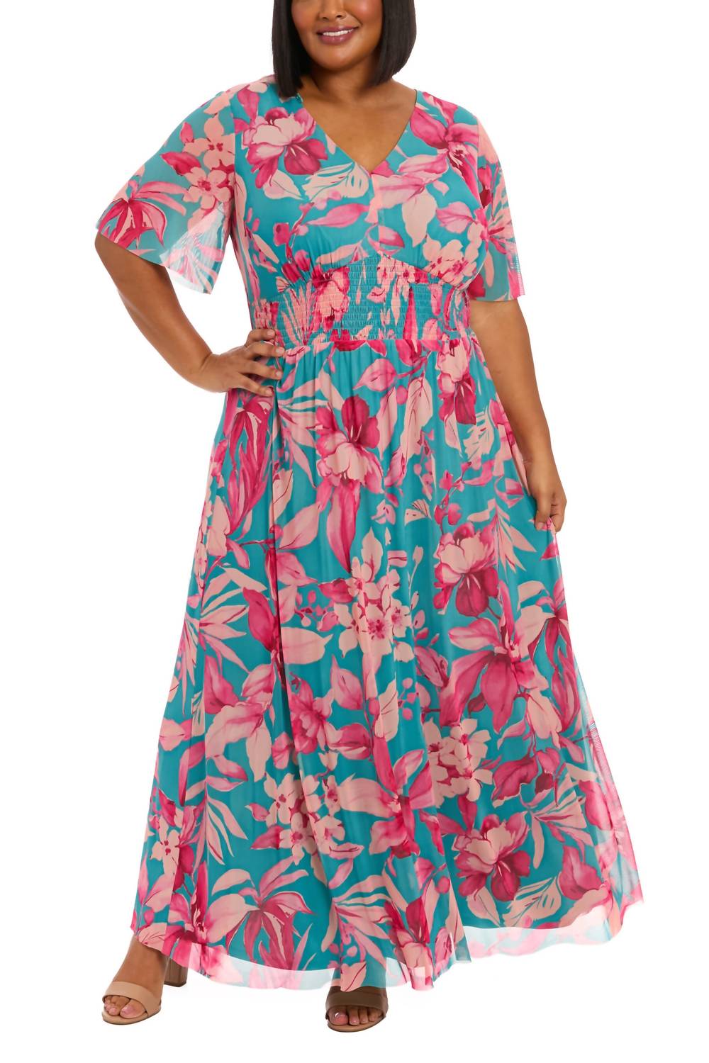London Times - Botanical Smocked Waist A-line Maxi Dress - Plus