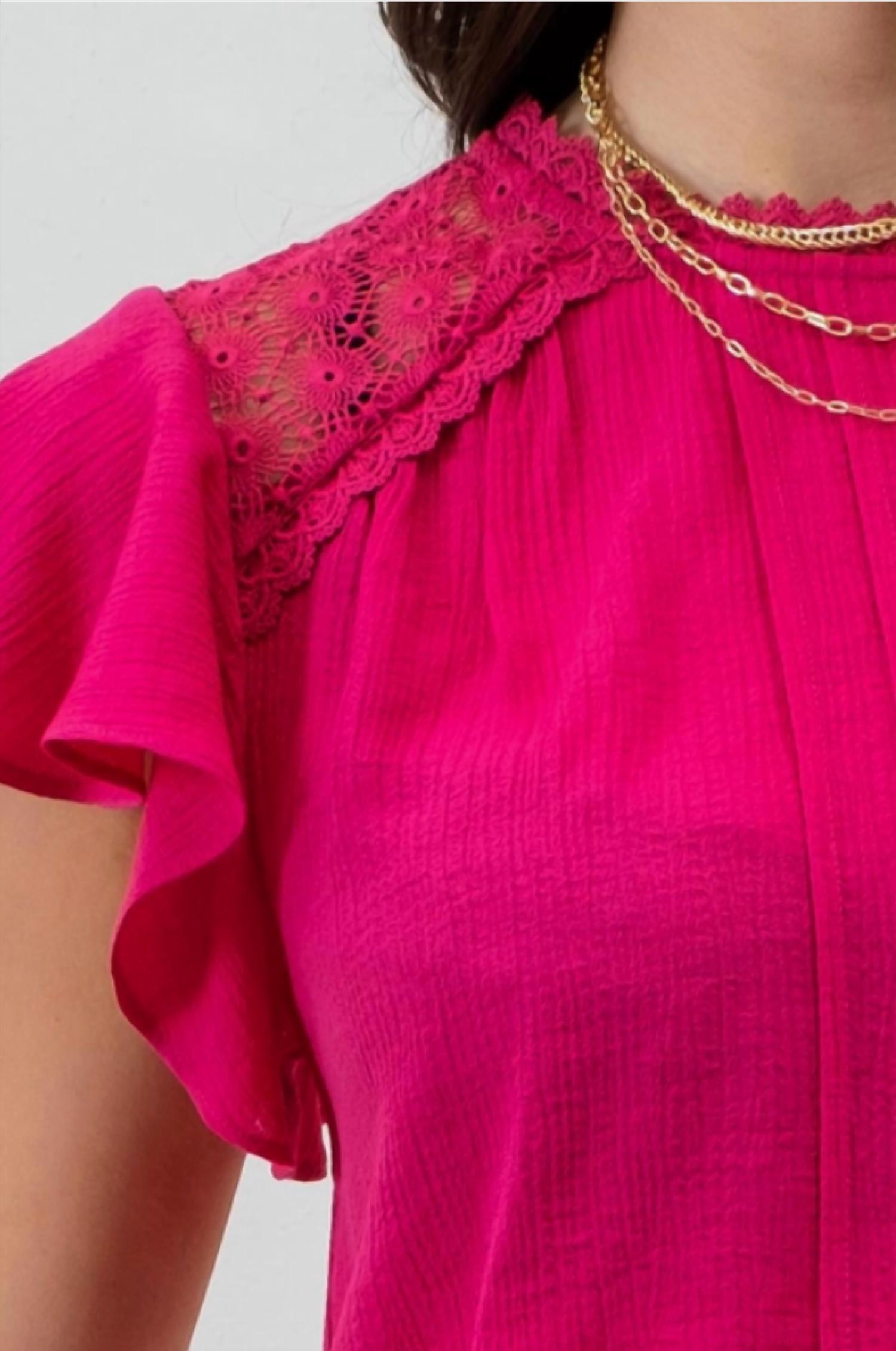Mine - Solid Ruffle Sleeve Back Tie Lace Trim Top