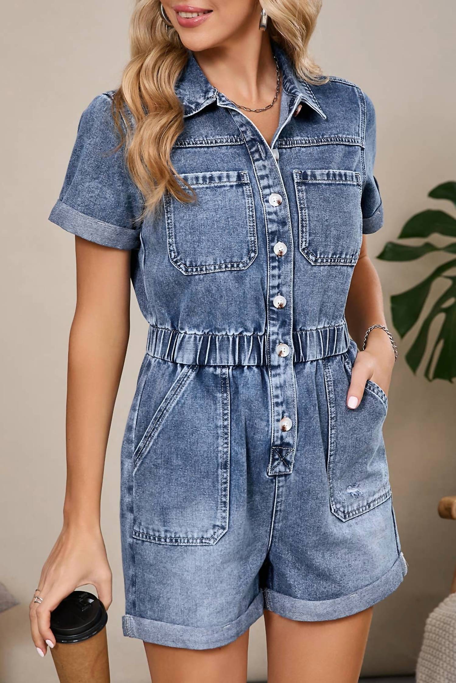 Aapparella Short Sleeve Denim Button Front Romper in blue - women's pants - alternate view