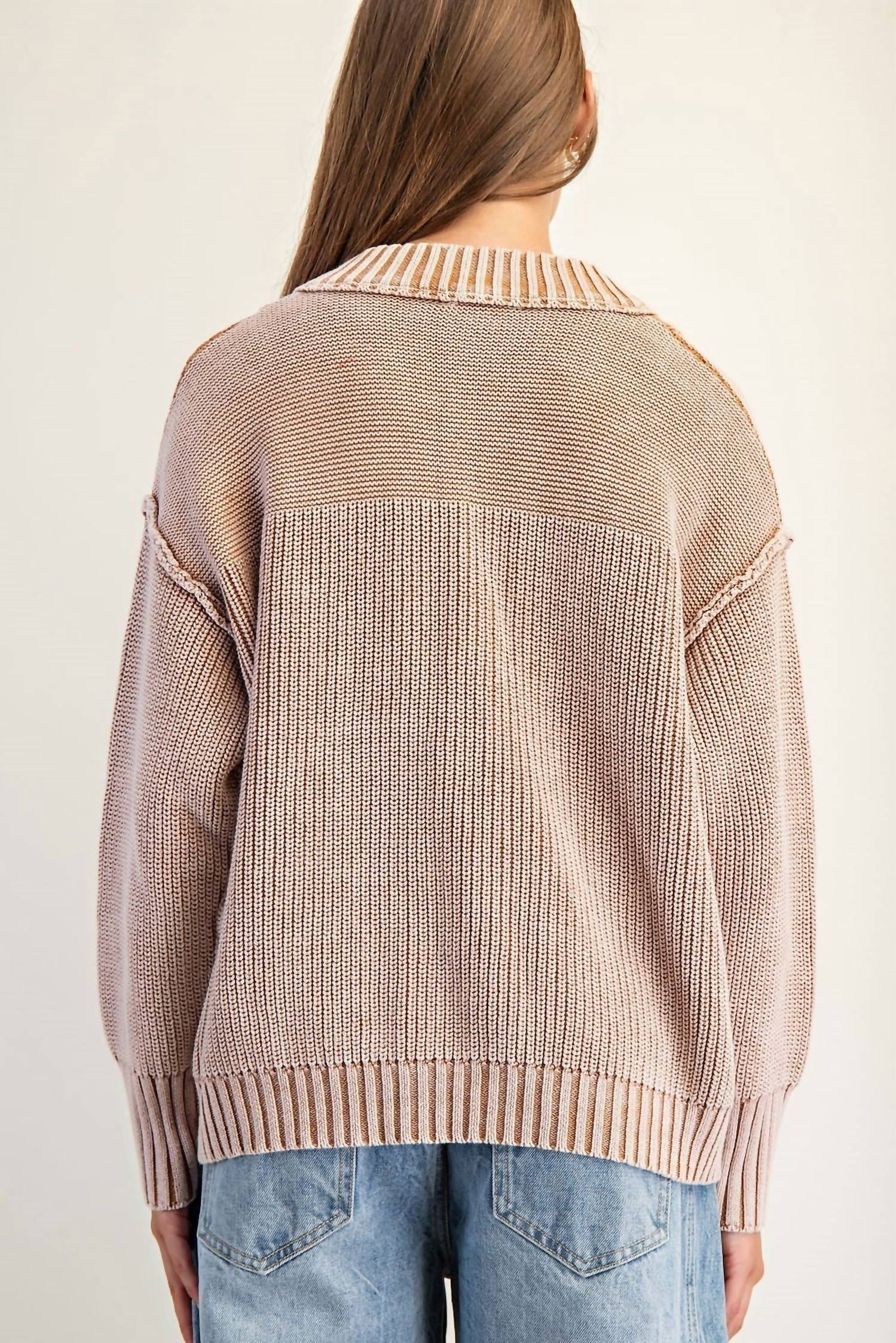 ee:some Half Button Front Long Sleeve Knit Pullover in washed walnut - women's long sleeve top - alternate view