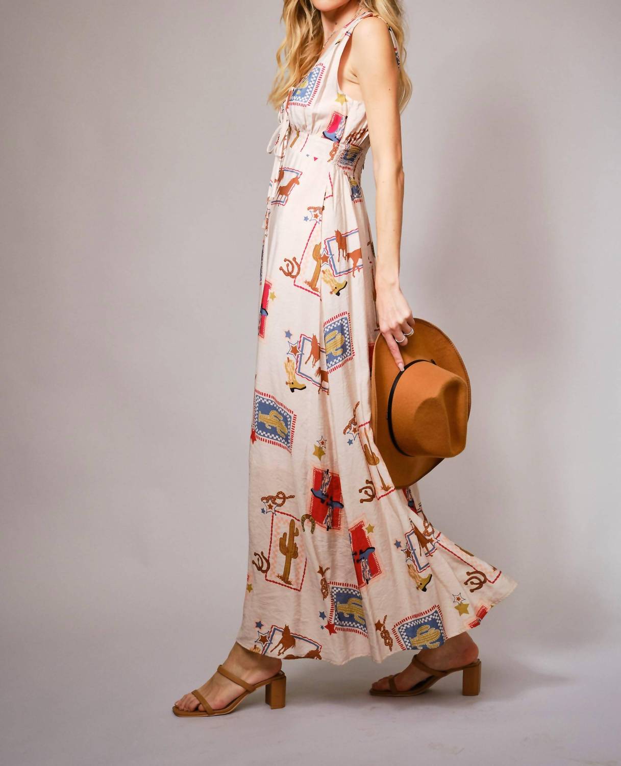 Blue B Western Motif Tie Front Maxi Dress in tan multi - women's dress - detail view