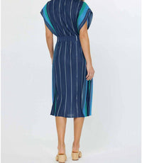 Current Air - Sleeveless V-neck Pleated Midi Dress With Stripe Border