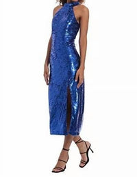 Donna Morgan - Full Sequin Halter Front Slit Midi Party Dress