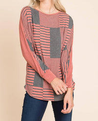 Emerald Collection - Stripe And Solid Dolman Sleeves Top