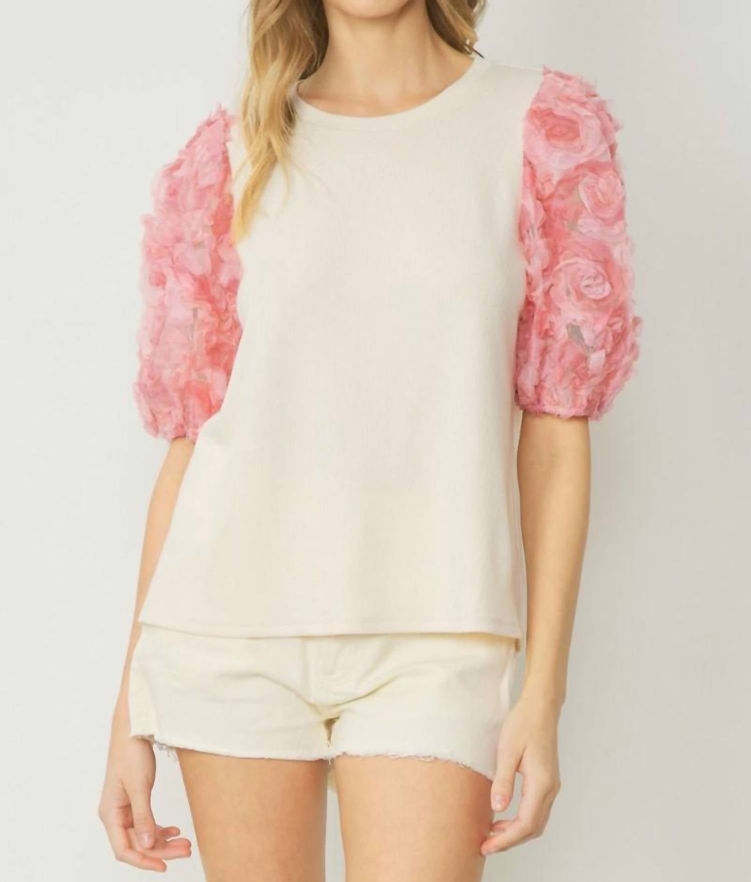 Entro - Ribbed 3d Floral Sleeved Top