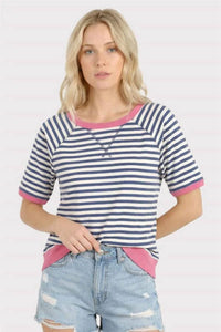 Staccato - Color Trimmed Half Sleeve Crewneck Terry Striped Top