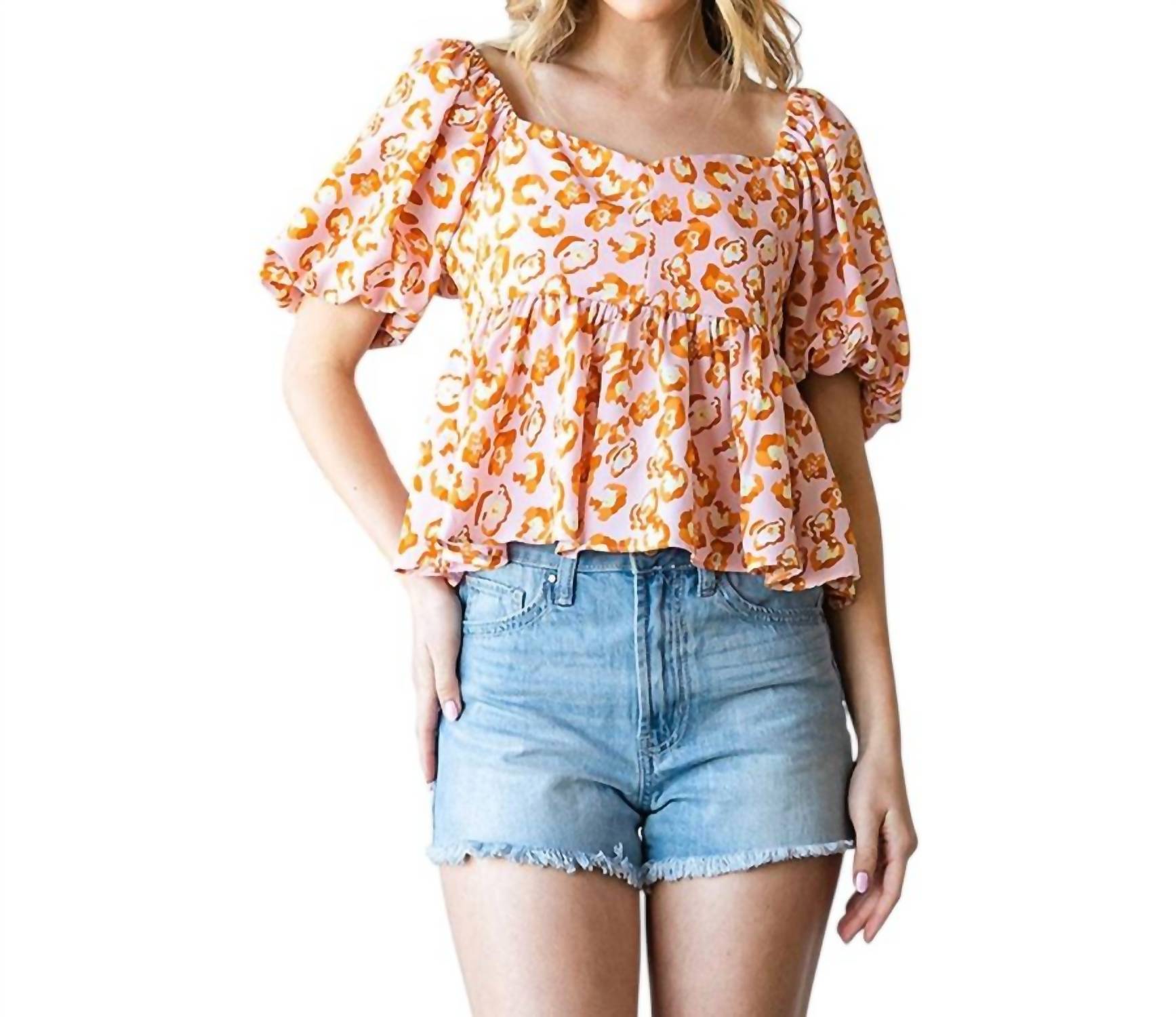 Cotton Bleu - Peplum Square Neck Top With Bubble Sleeves