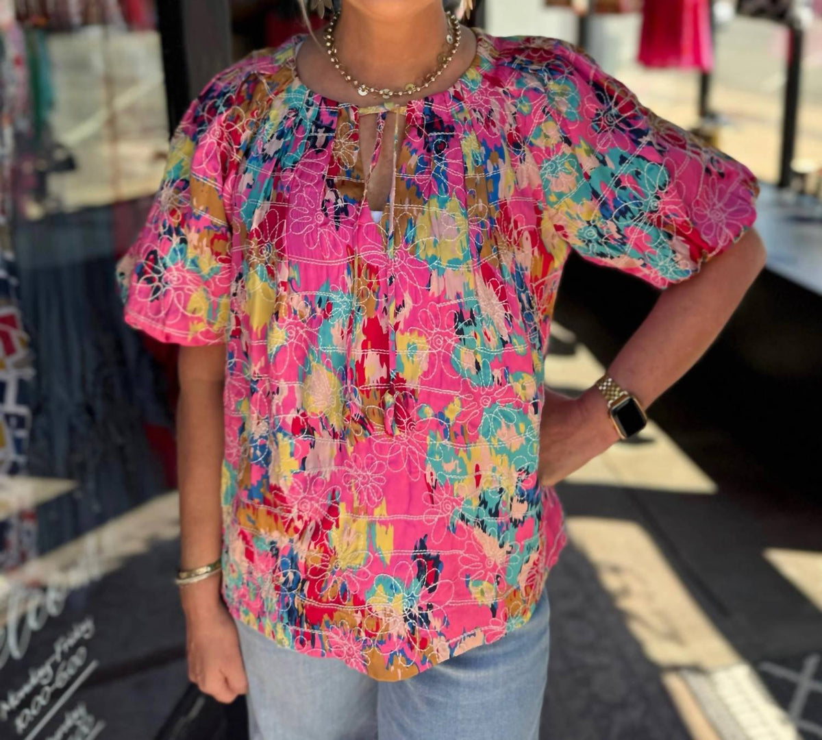 Jade - Floral Breeze Pleated Puff Sleeve Top