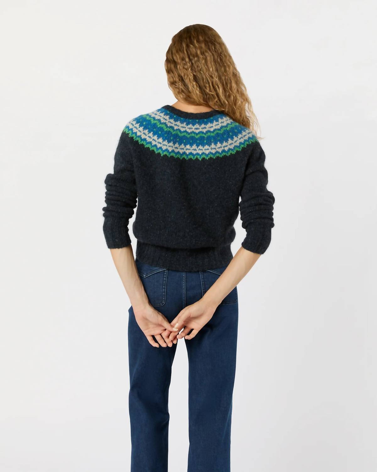 Ann Mashburn Marge Fair Isle Cardigan in indigo donegal multi - women's cardigan - detail view