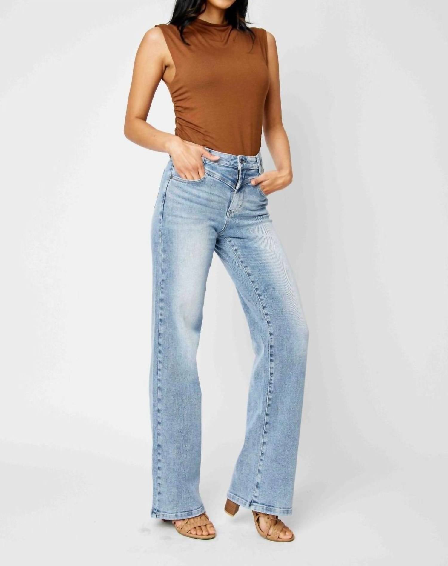 Judy Blue Front Yoke Retro Wide Leg Denim Jeans in medium blue - women's jeans - view 6