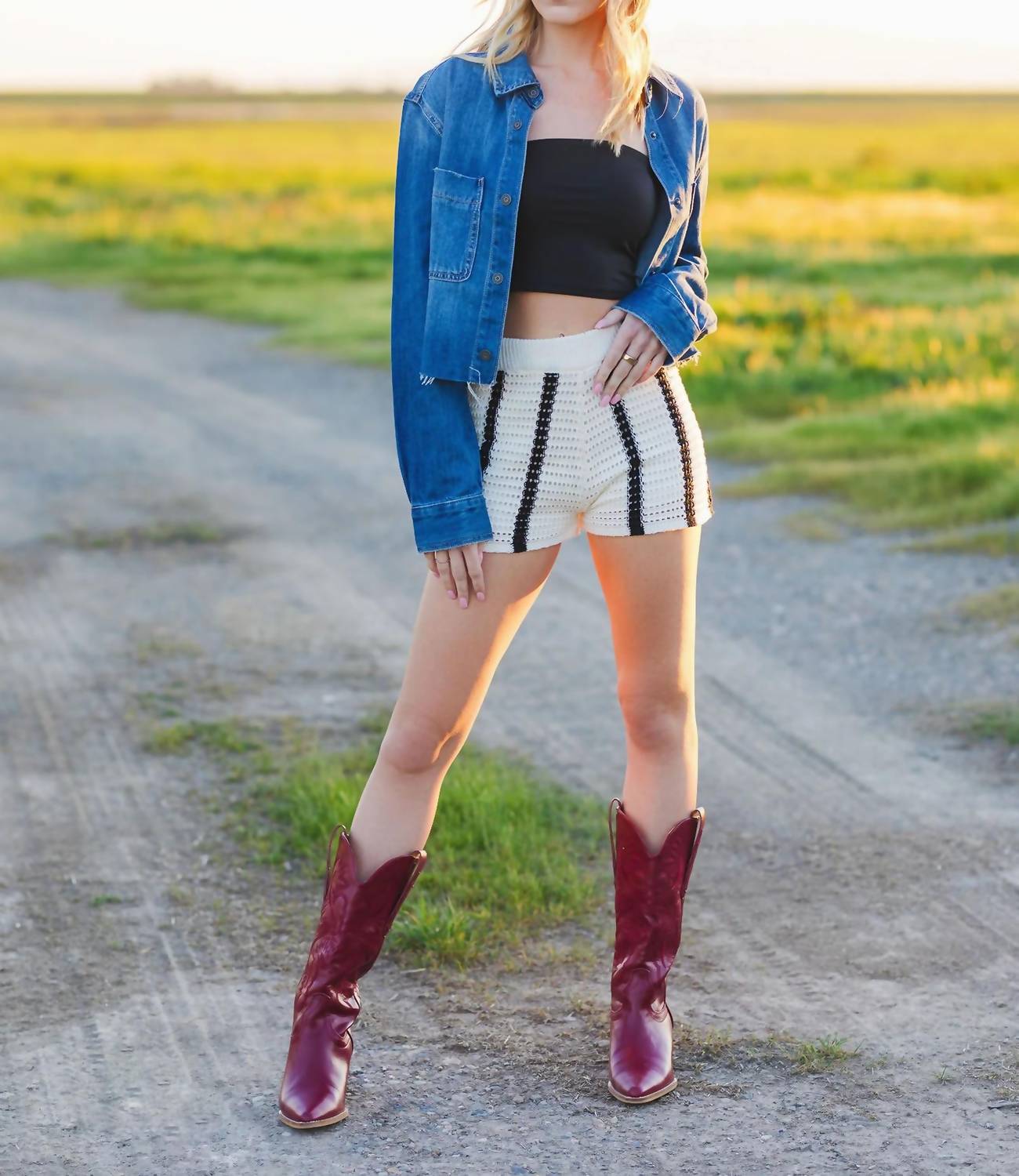 Miou Muse - When It Hits Striped Crochet Shorts