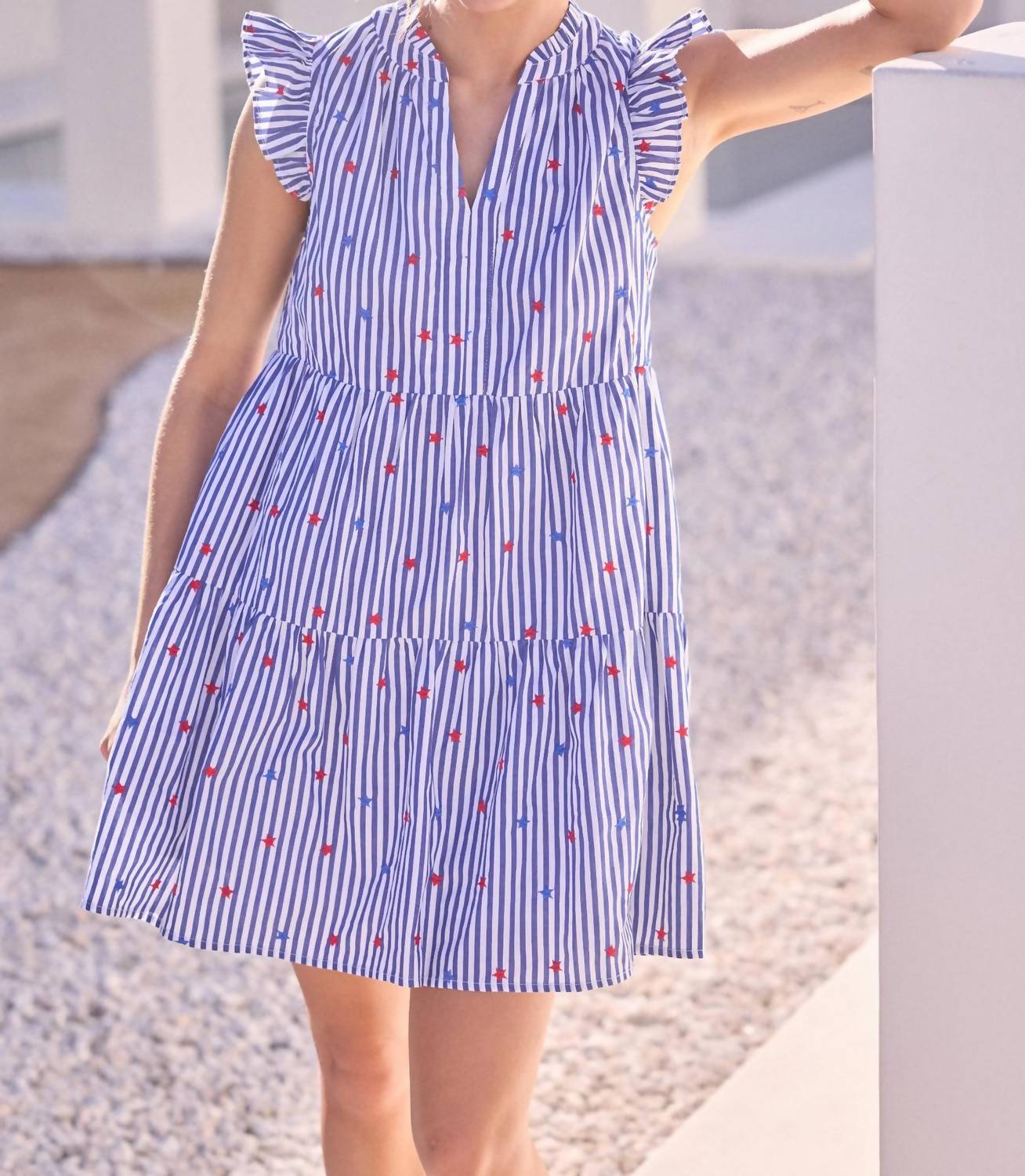 Skies Are Blue - Striped Mini Dress With Star Embroidery