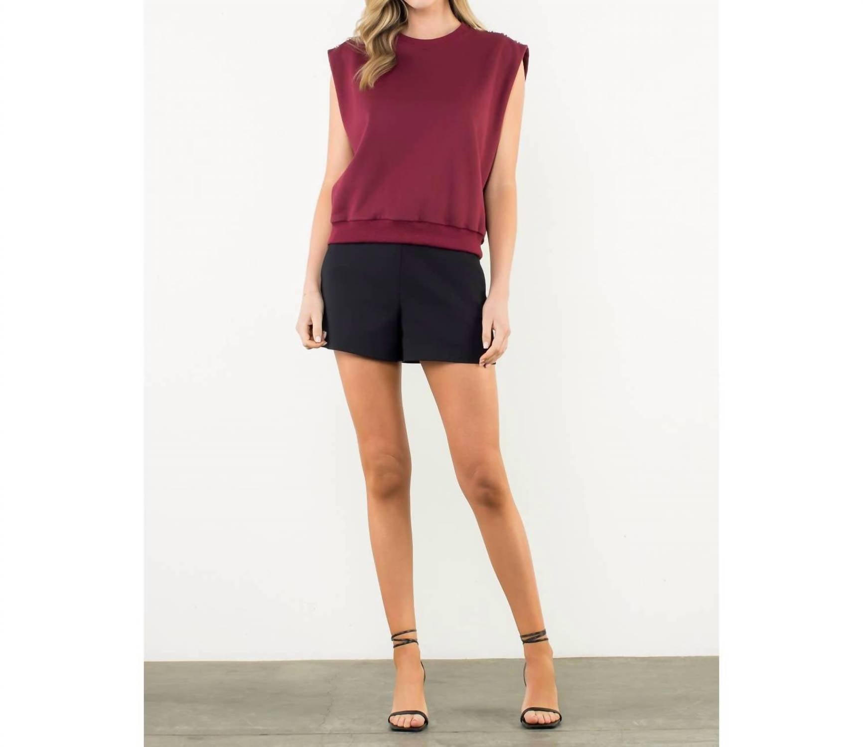 THML Metal Button Shoulder Sleeveless Top in burgundy - women's blouse - alternate view