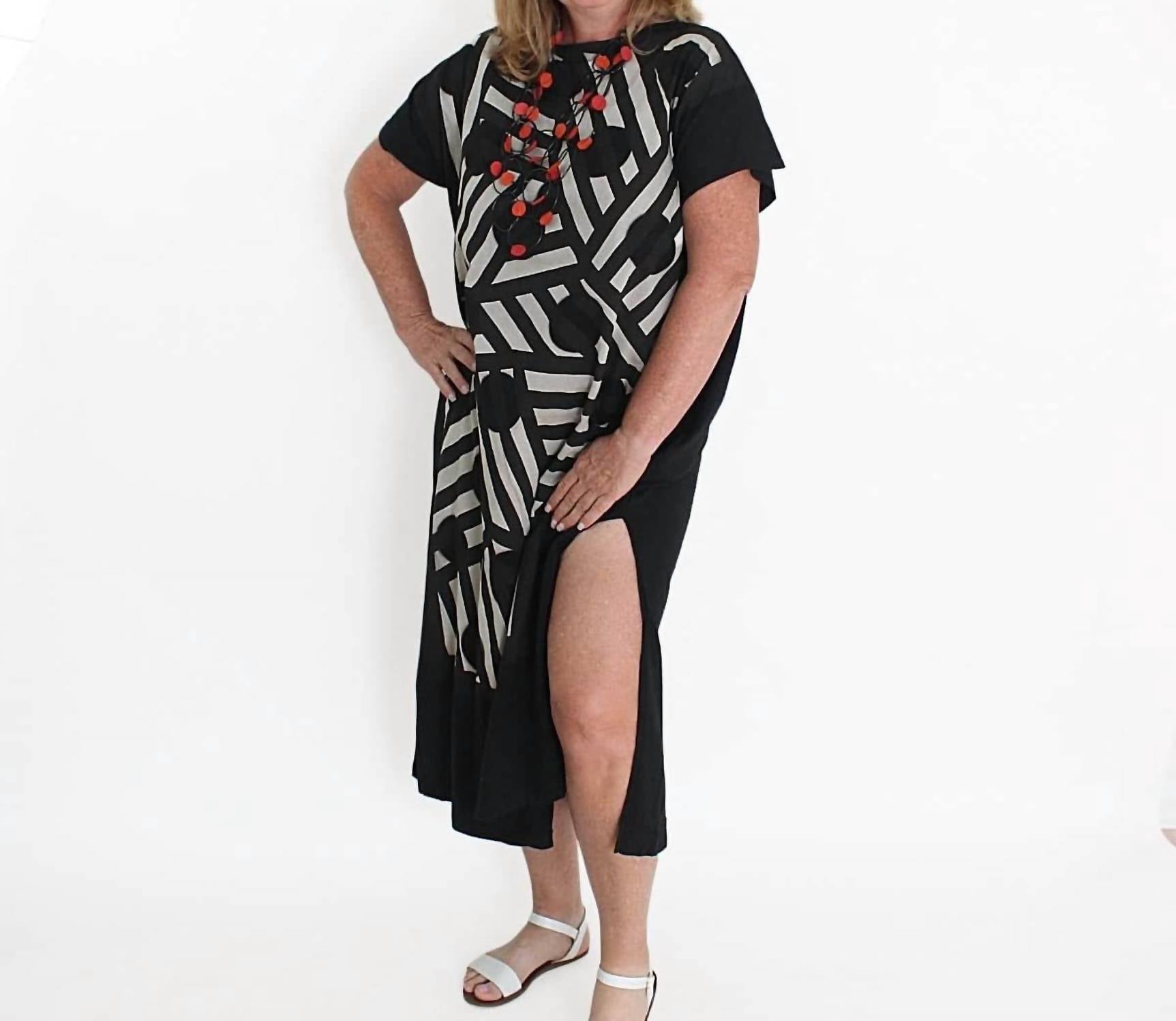Sylca Designs - Geometric Stripe and Dot Design Caftan Dress