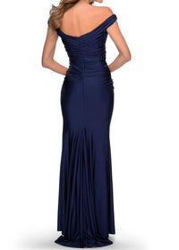 La Femme - Off Shoulder Ruched Jersey Gown