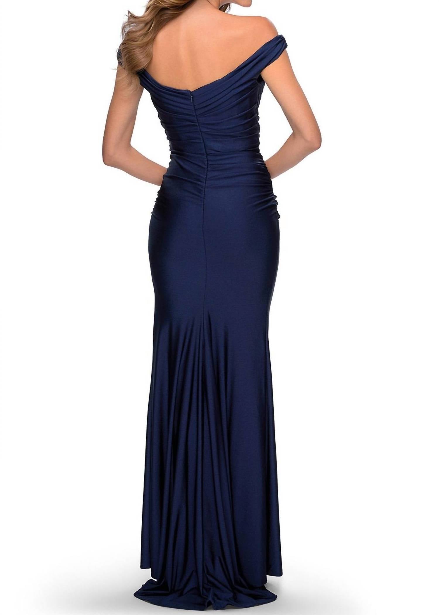 La Femme - Off Shoulder Ruched Jersey Gown