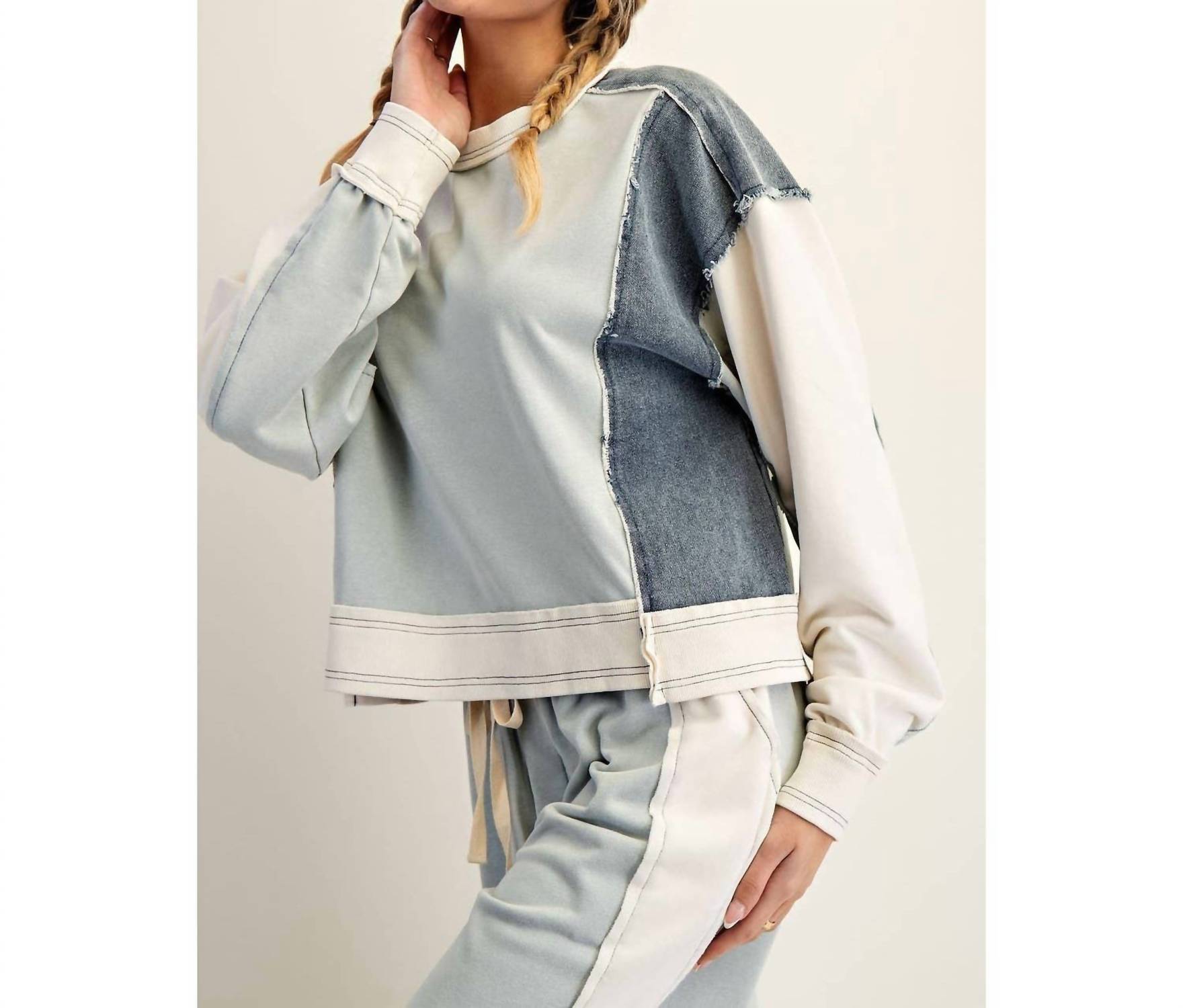 Style Usa - Frayed Color Block Long Sleeve Pullover