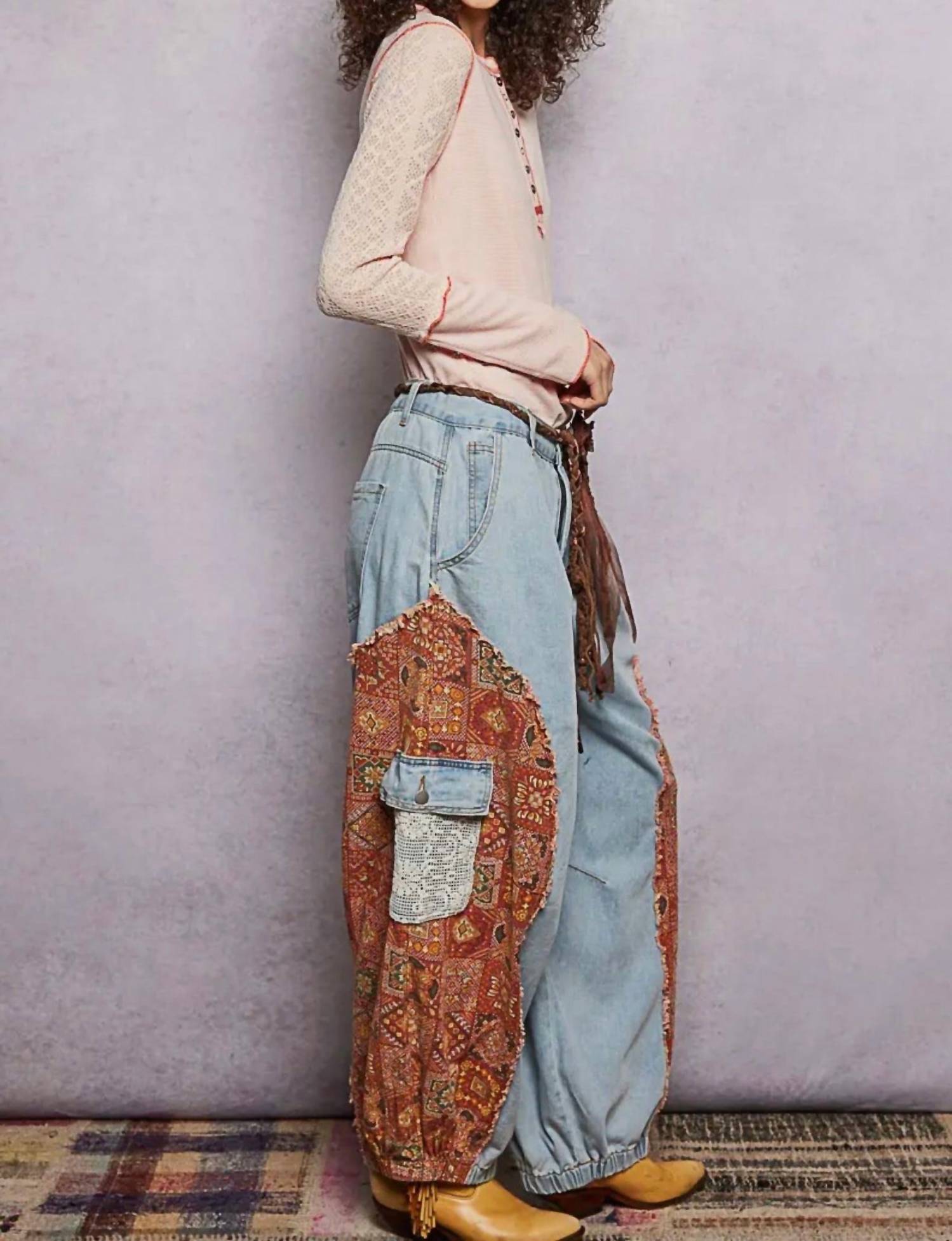 POL Boho Floral Patchwork Cargo Joggers in lt denim - women's pants - view 5