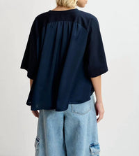 ESSENTIEL ANTWERP Grovel Tee With Satin Back Panel in navy - women's t-shirt - detail view