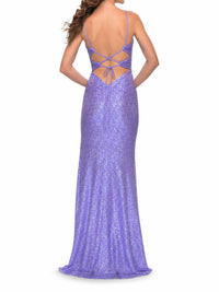 La Femme Sequin Cut Out Lace Up Gown in periwinkle - women's dress - detail view