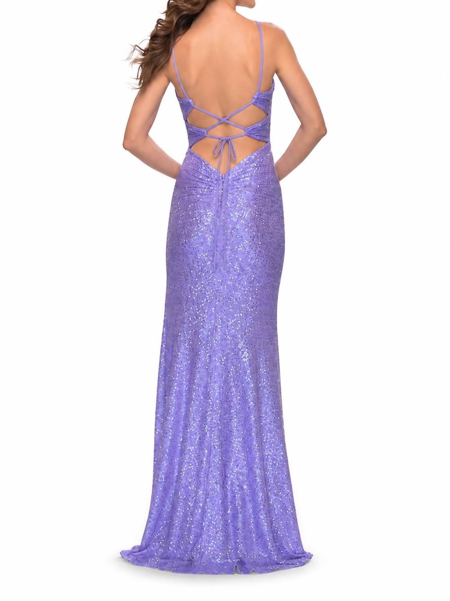 La Femme Sequin Cut Out Lace Up Gown in periwinkle - women's dress - detail view