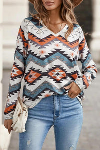 Little Daisy Closet - Multicolor Western Print V Neck Long Sleeve Top