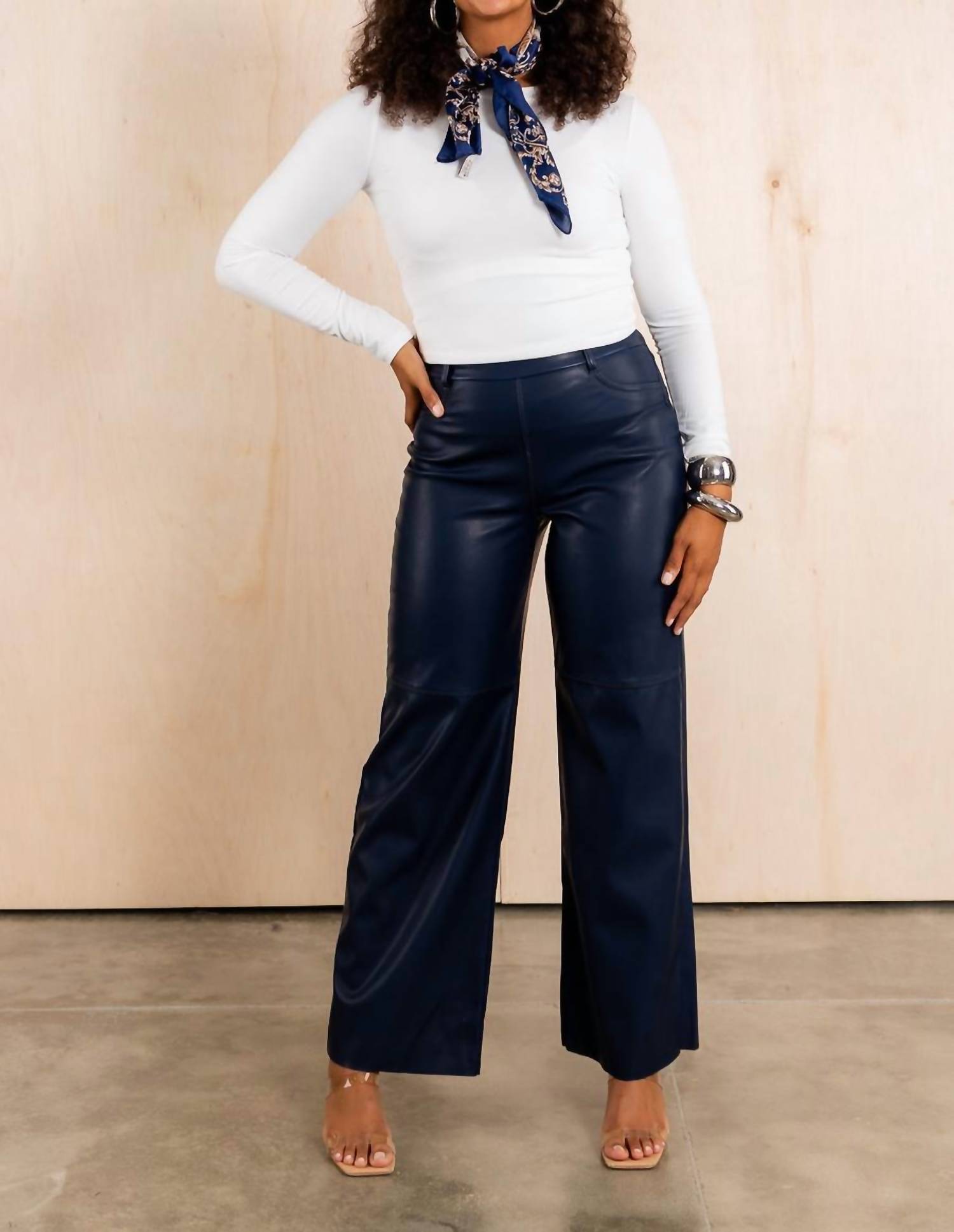 Lysse Cortina Hi Waist Wide Leg Vegan Leather Pant in deep blue - women's pants