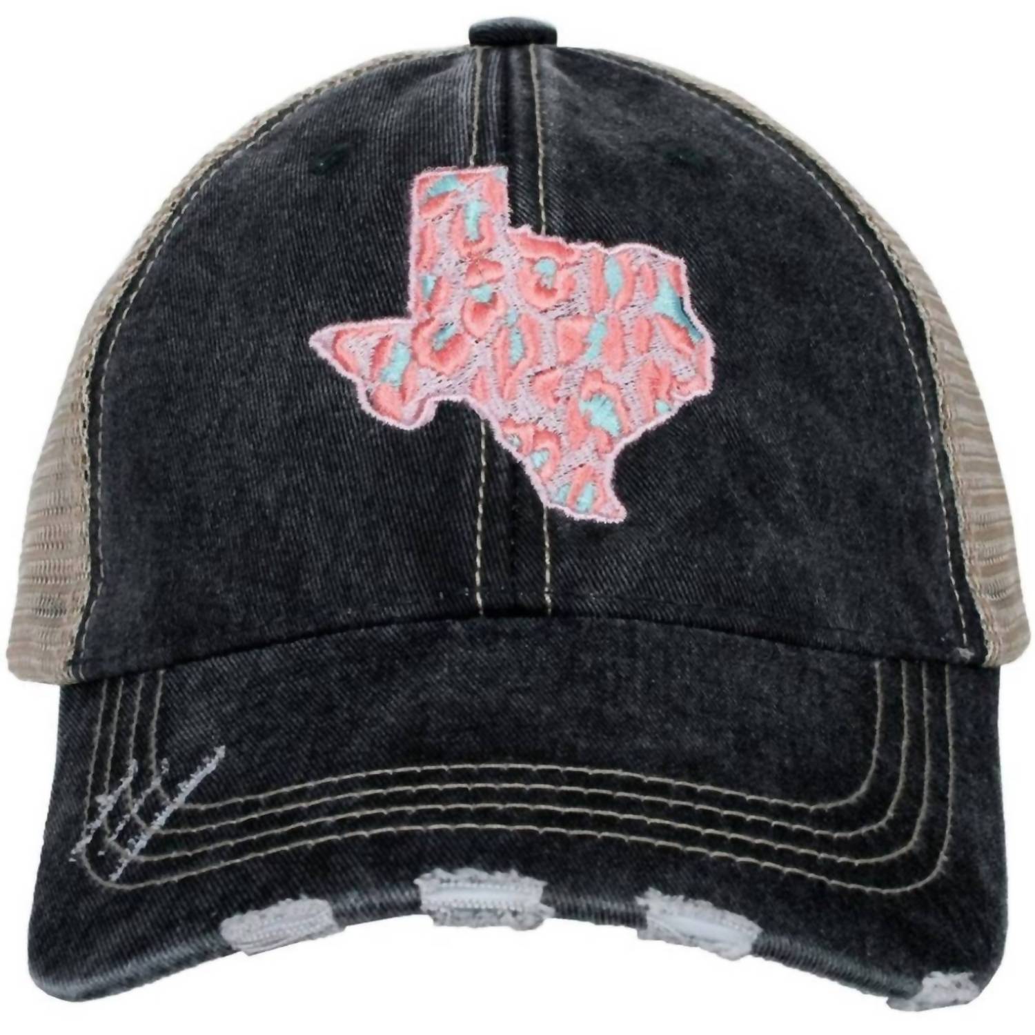 Katydid - Women's Leopard Texas State Embroidered Distressed Trucker Hat