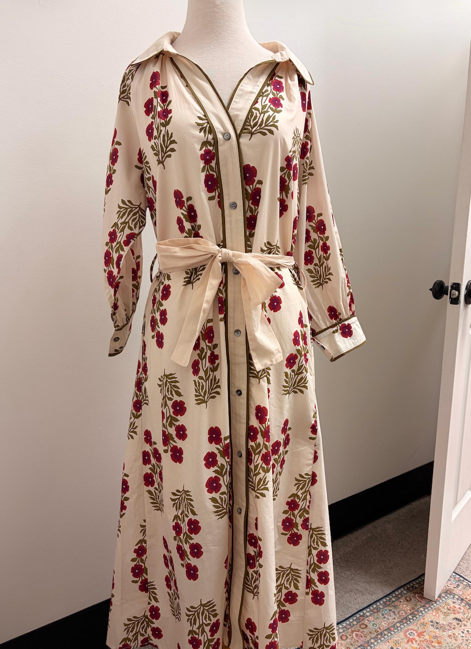 Umgee - Floral Button-front Maxi Shirt Dress With Waist Tie