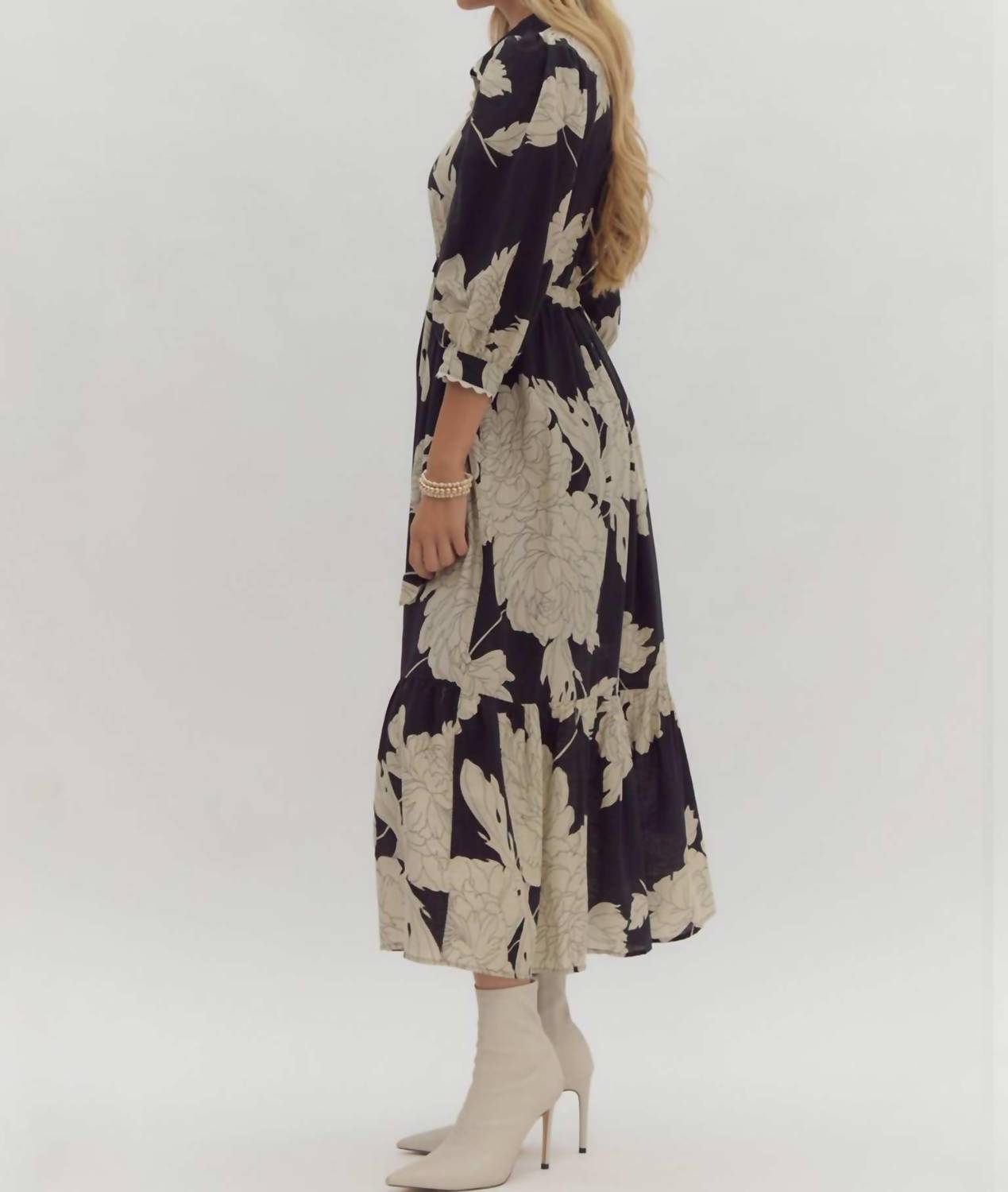 Entro - Floral Print Collared Midi Dress