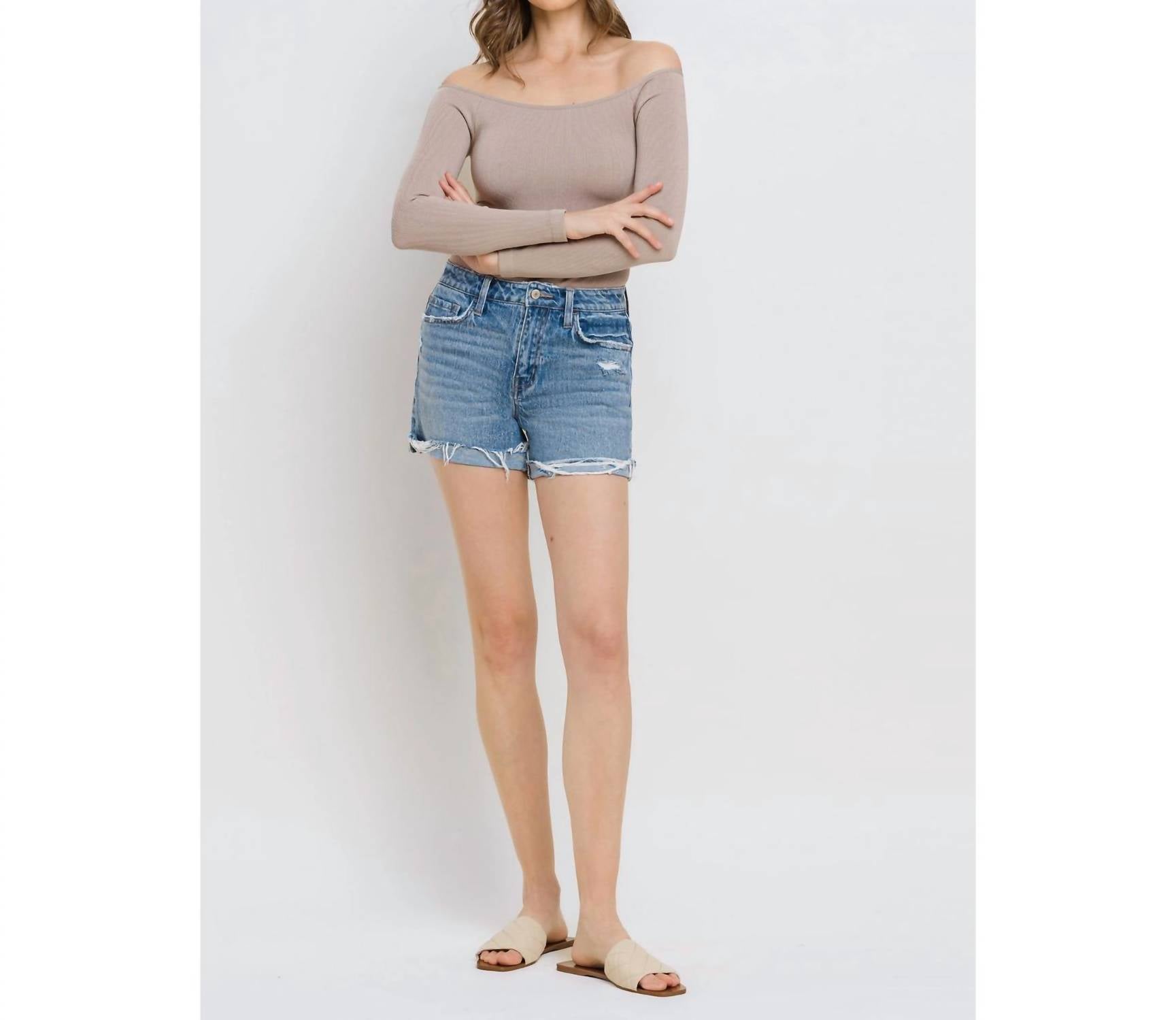 VERVET BY FLYING MONKEY High Rise Cuffed Denim Shorts in medium wash - women's shorts