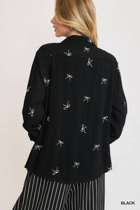 Umgee - Linen Blend Embroidered Bow Button-Down Shirt