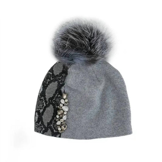 Mitchie'S Matchings - Women's Snake Print & Crystal With Fox Pom Hat