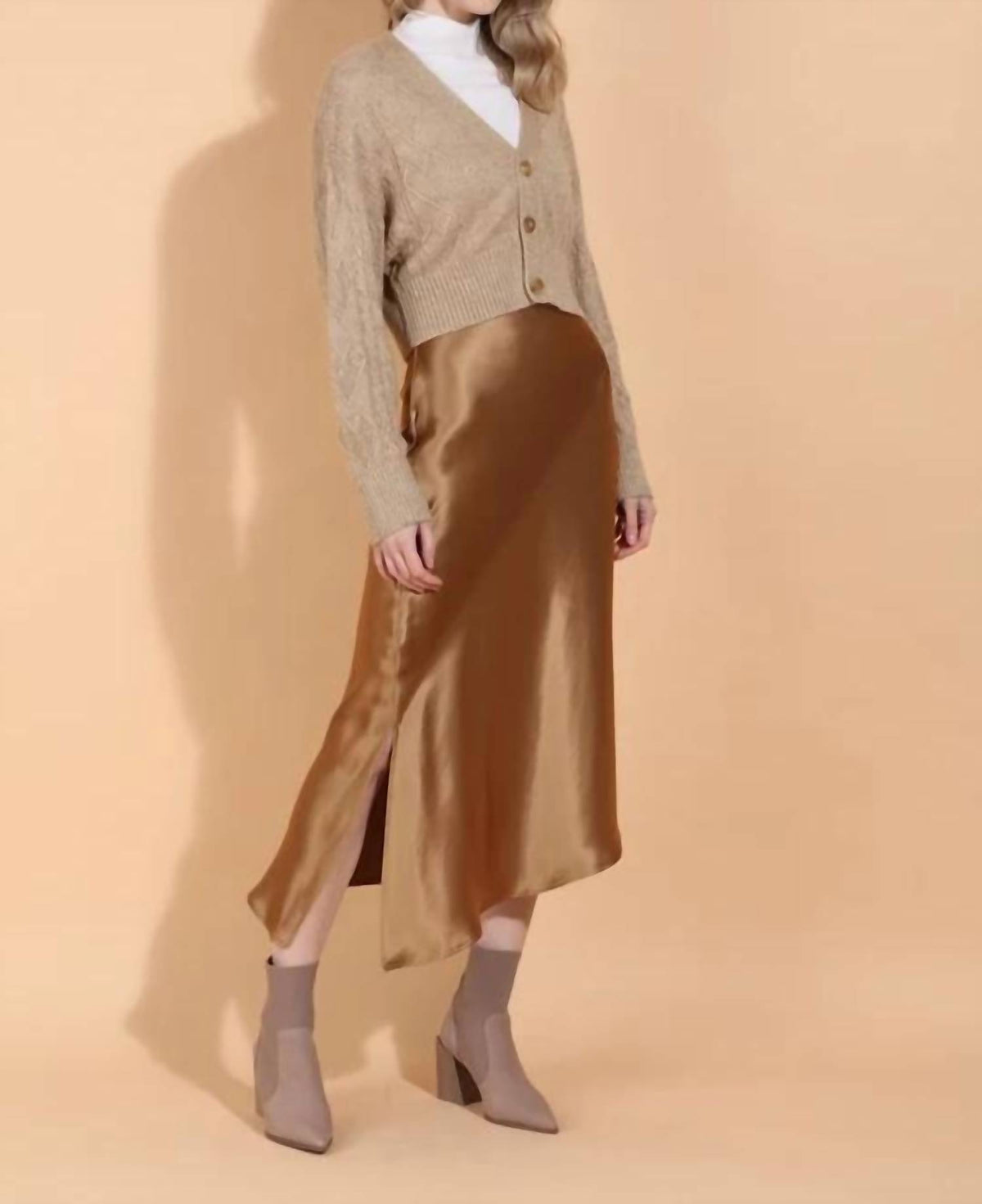 Jessie Liu - Asymmetrical Hem Satin Slip Midi Skirt