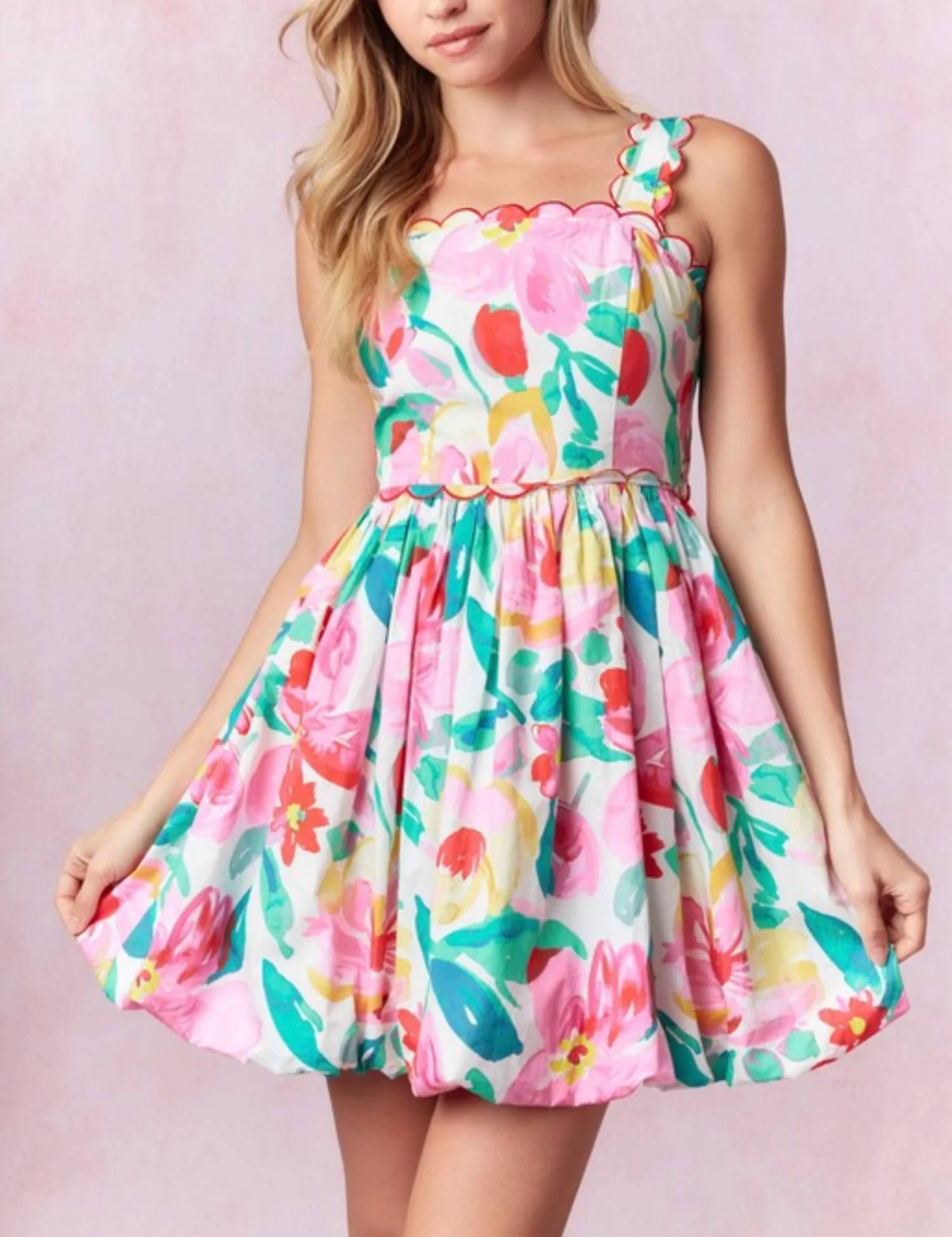Peach Love - Scalloped Floral Bubble Hem Mini Dress
