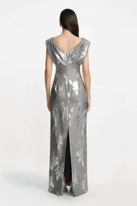 Lela Rose Floral Fil Coupe V-neck Gown in silver grey - women's dress - detail view