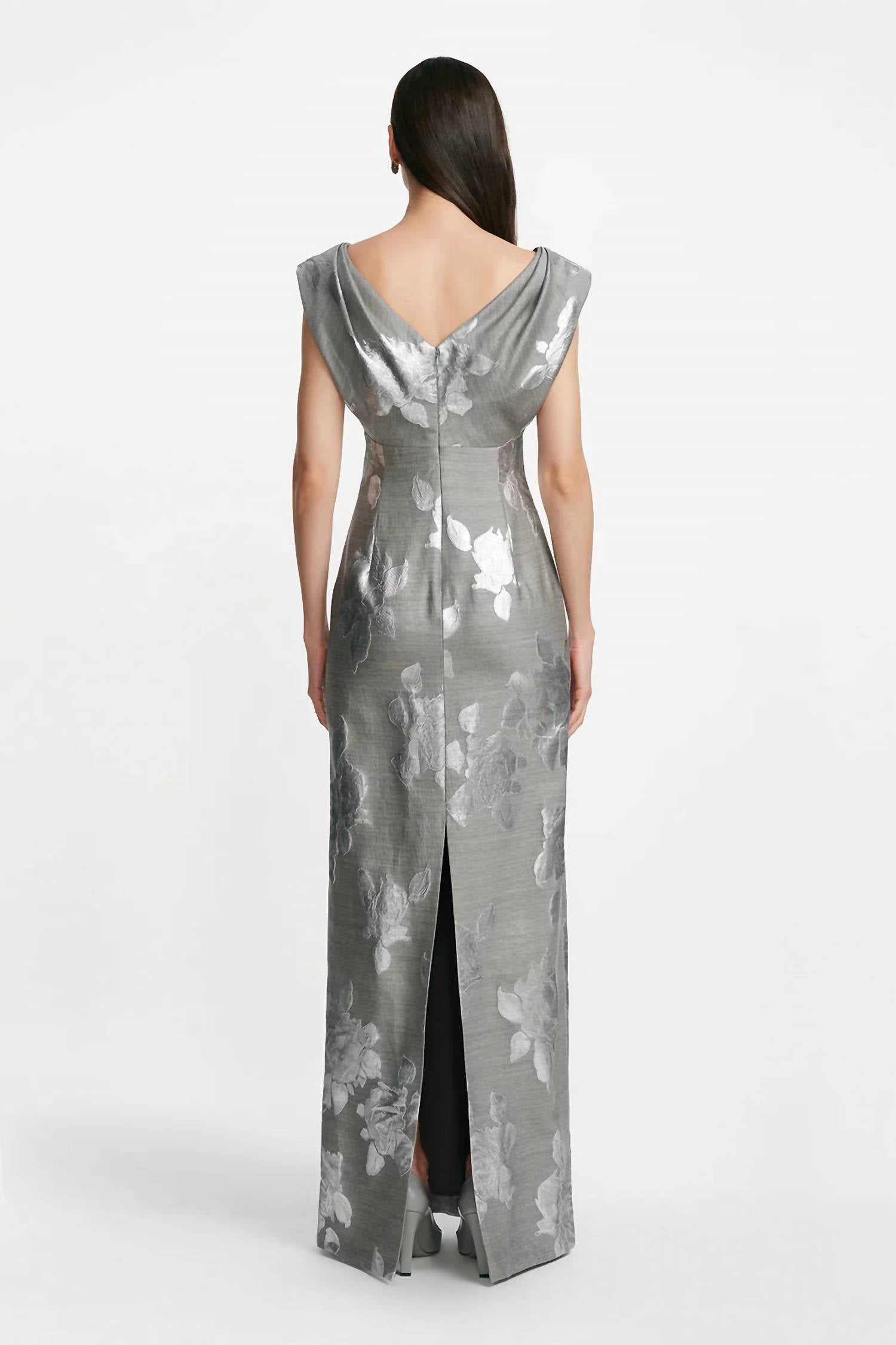 Lela Rose Floral Fil Coupe V-neck Gown in silver grey - women's dress - detail view