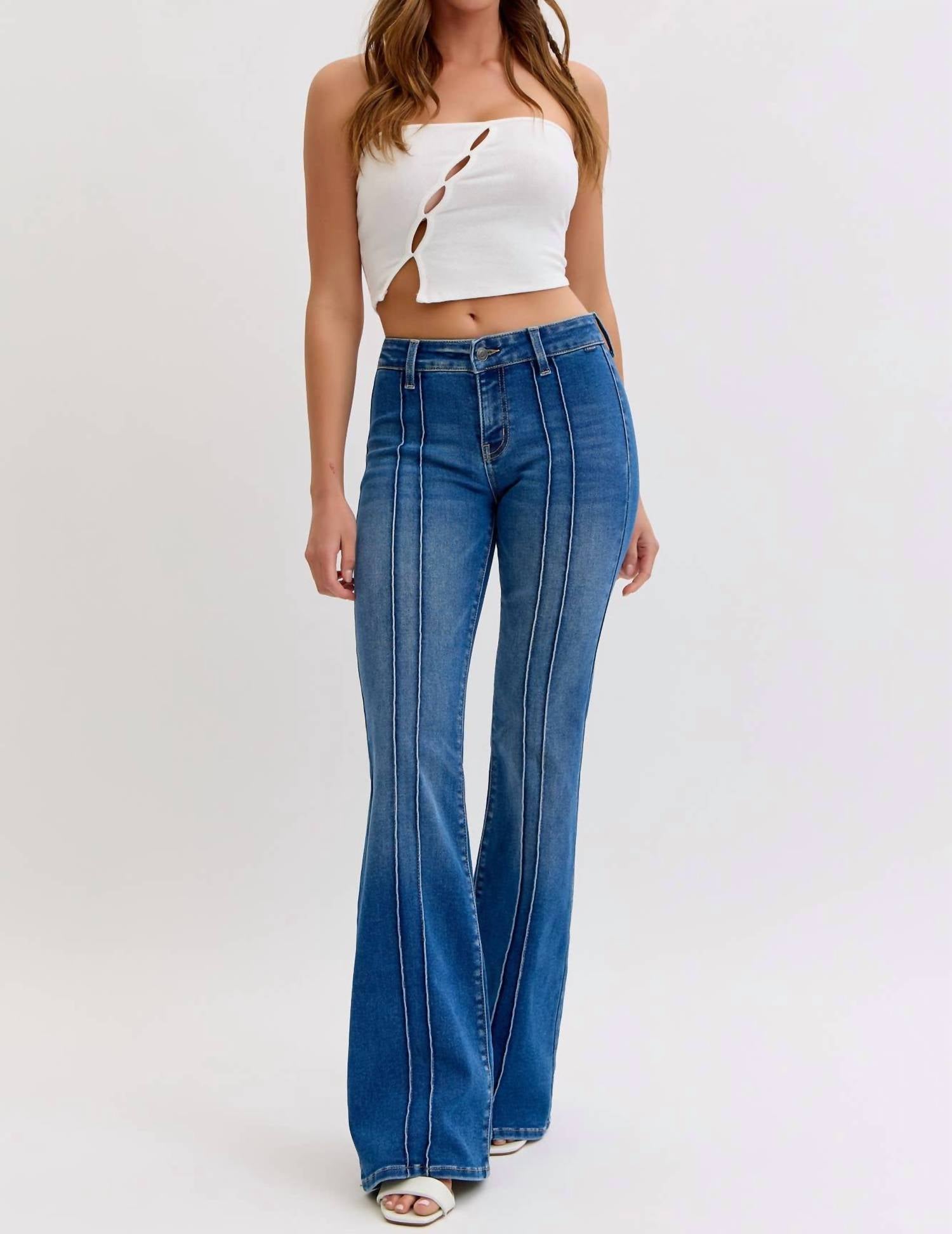 CELLO Mid-rise Flare Jeans in medium wash blue - women's jeans
