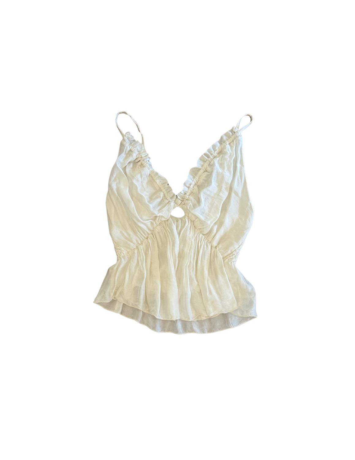 DELUC Bacio Smocked Ruffle Camisole Top in cream - women's shirt - detail view