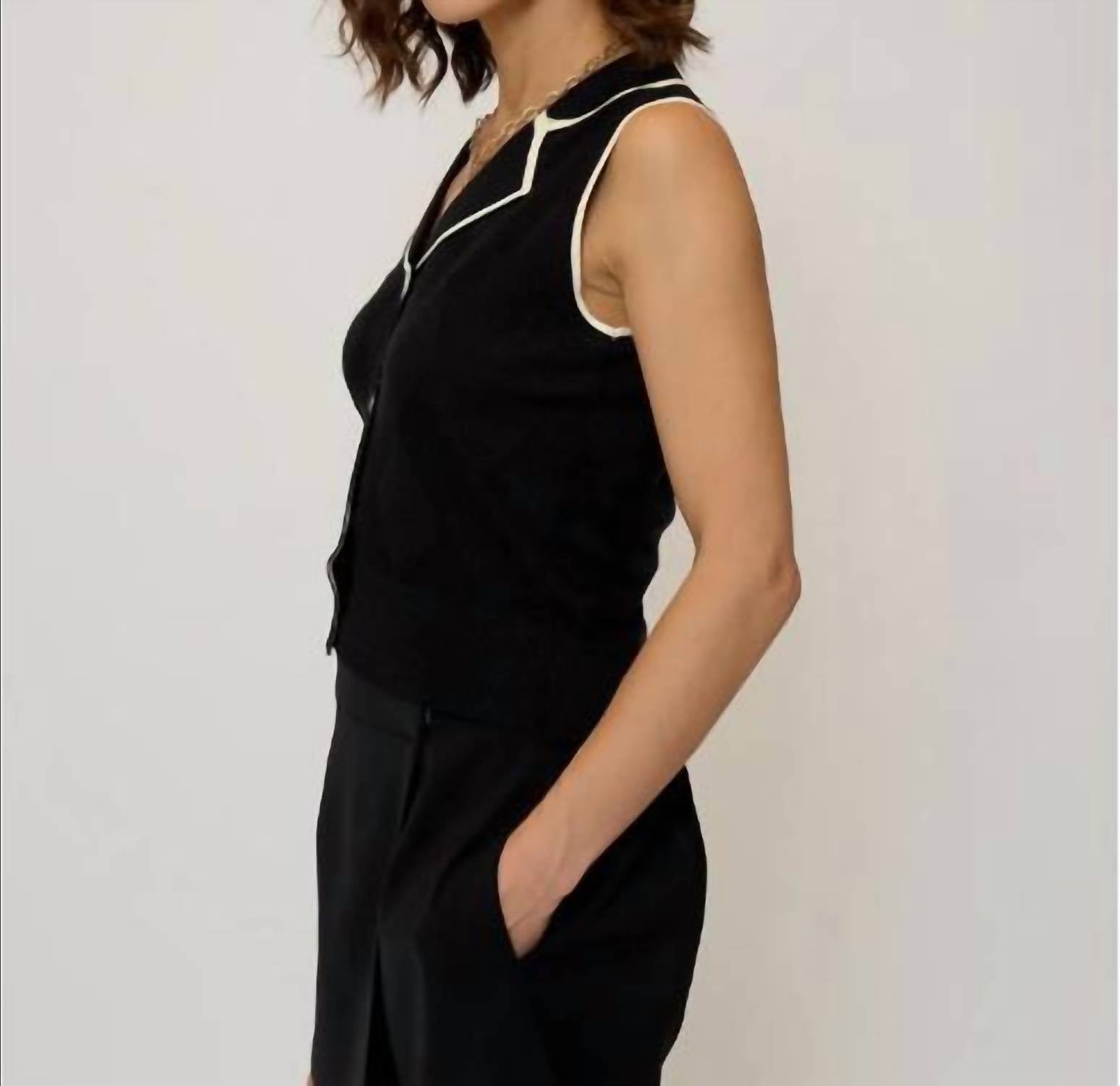 Central Park West Olive Diamond Stitch Vest in black - women's jacket
