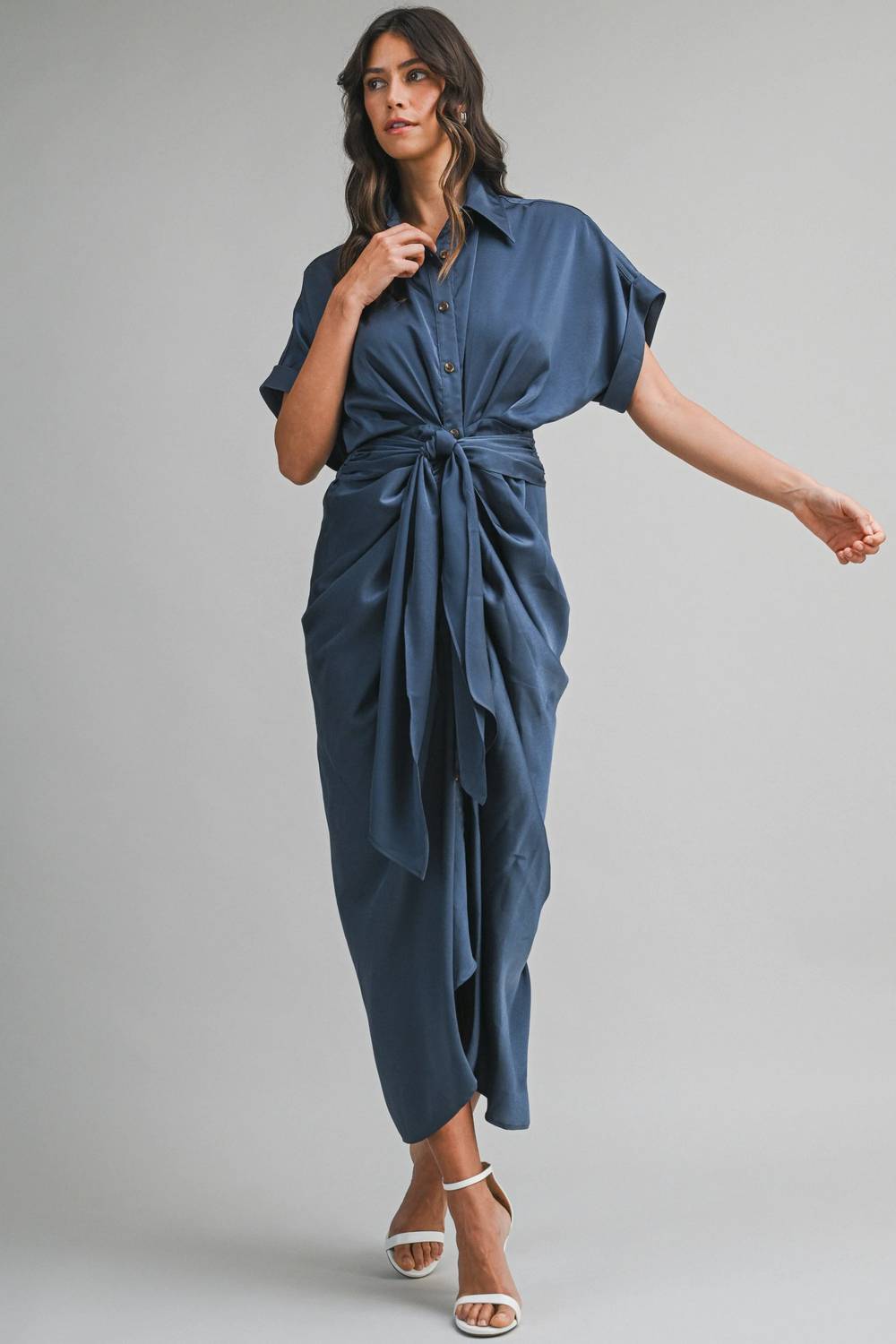 Mable - Satin Short Sleeve Midi Dress