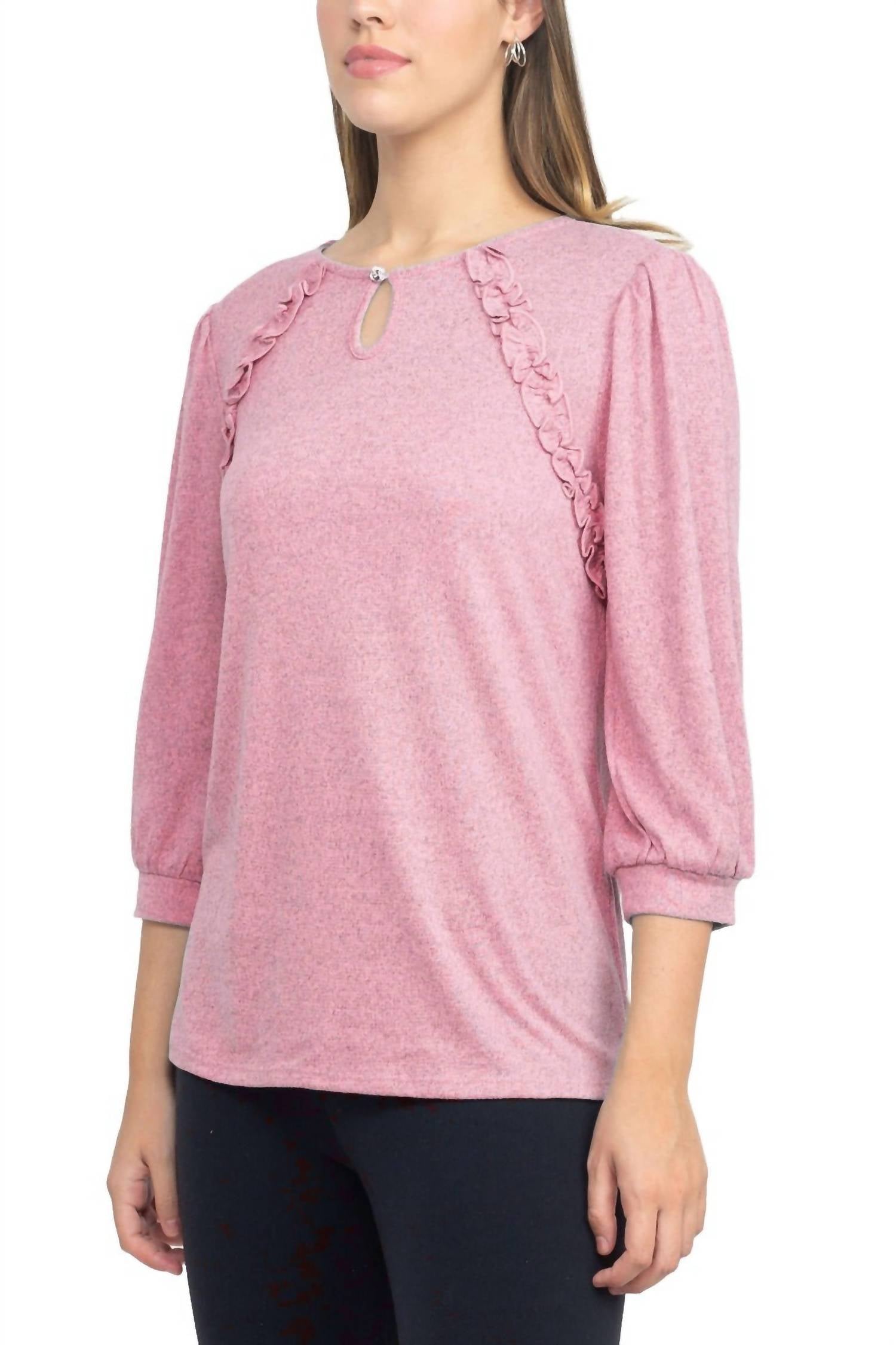 Tint & Shadow - Crew Neck Front Ruffle Detail Knit Top