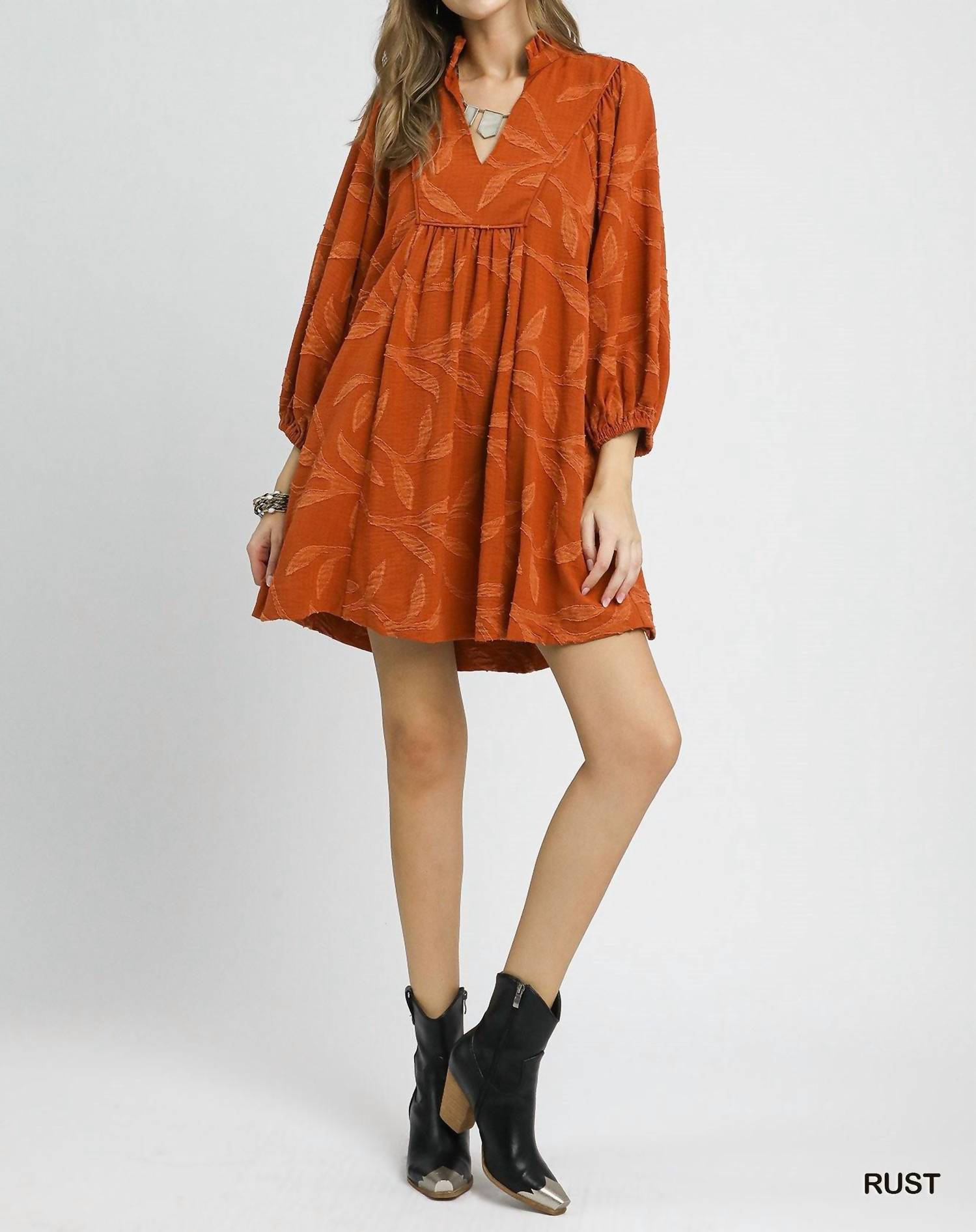 Umgee - Jacquard High Ruffle Neck Dress