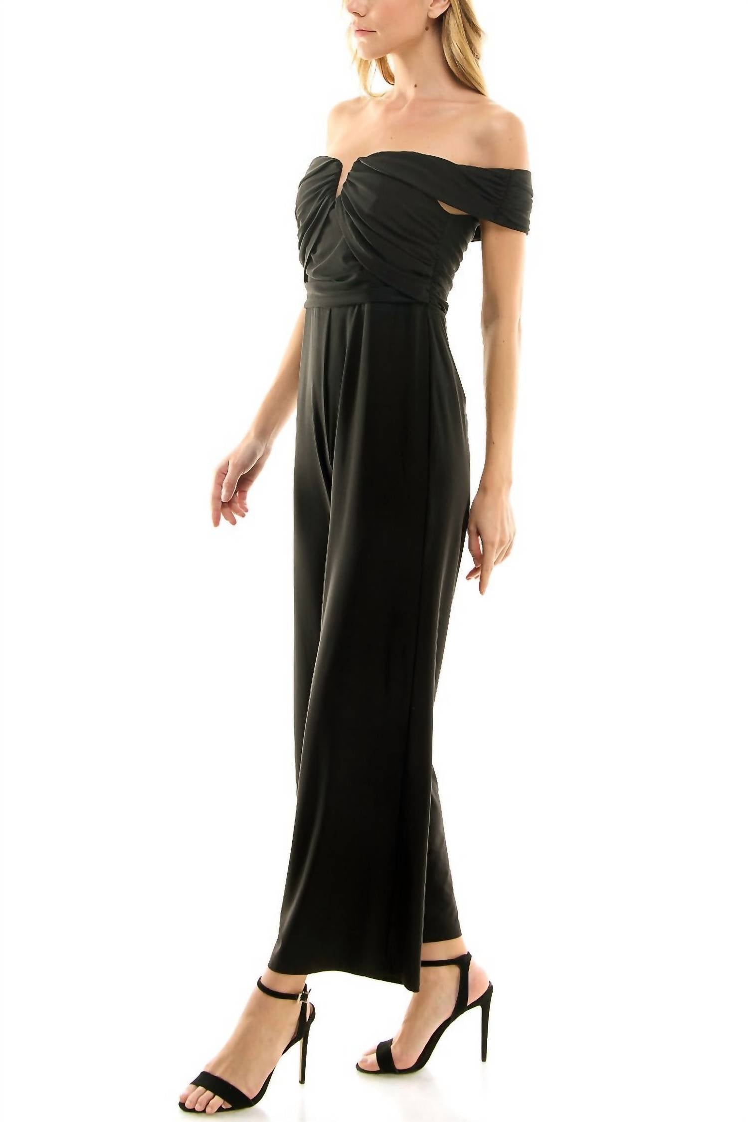 Nicole Miller - Off Shoulder Ruched Front Solid Scuba Jumpsuit