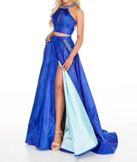 Rachel Allan - Two-piece Beaded Halter Ballgown With High Slit